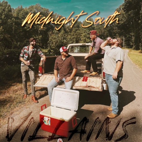Midnight South – "Villains" single cover: four men sitting and standing around the back of a pickup truck, drinking beer